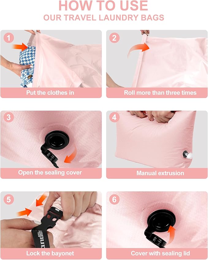 Travel Laundry Bag, Pump-Free Vacuum Compression Dirty Clothes Bag, Medium Reusable Waterproof & Washable Laundry Bag, Wet and Dry Bag, Ideal for Suitcases, Laundromats (1 Pcs) Pink