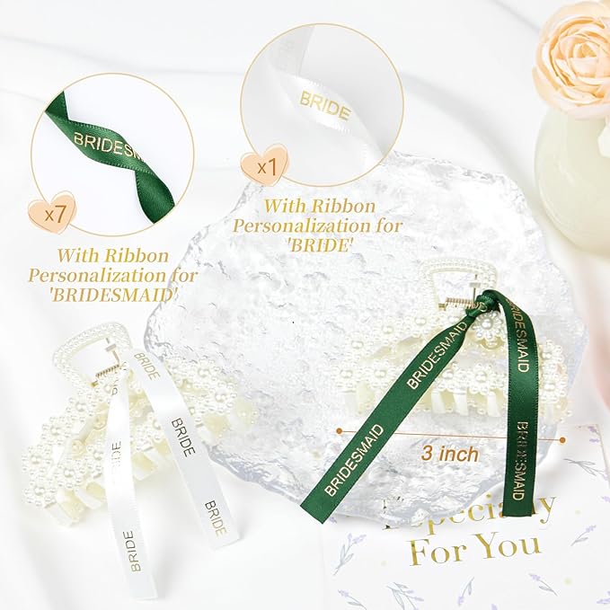 DEEKA Bridesmaid Proposal Gifts 8 Pack Pearl Bridesmaid Hair Claw Clips with Ribbon 3 Inch Hair Clips Bachelorette Party Favors Bridal Party Present Hair Accessories (Half Circle White&Dark Green)