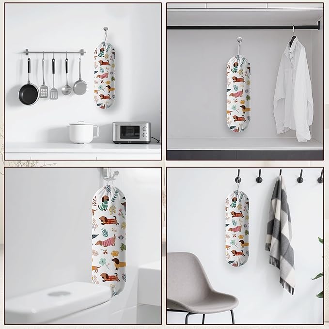 Plastic Bag Holder, Grocery Bag Organizer Storage, Kitchen Dispenser Holders Reusable Shopping with Free Adjustment Drawstring Closure for Home Kitchen Decor, Dachshund