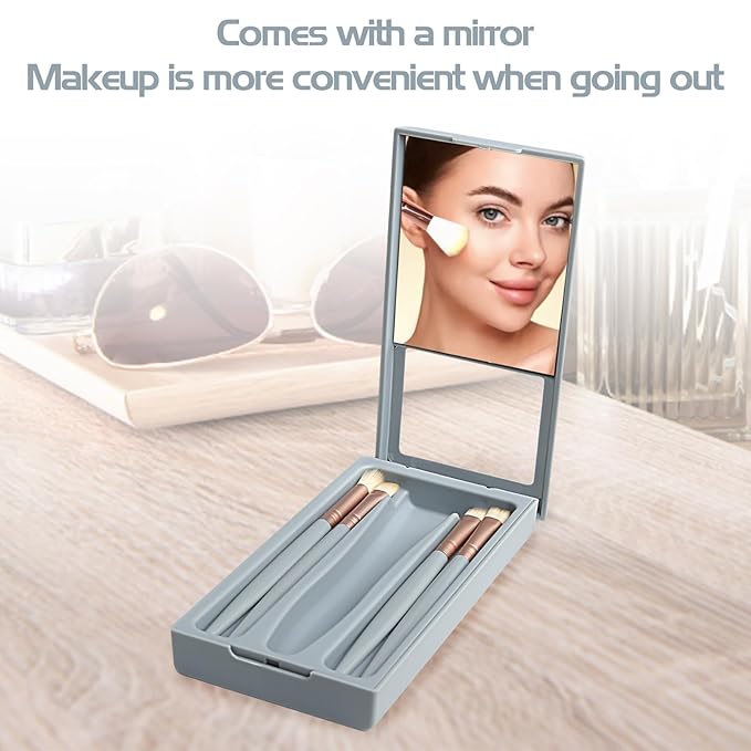 Travel Makeup Brush Set, Portable 5 PCS Mini Makeup Brushes with Mirror, Easy-taken Makeup Tool Set for Eyeshadow, Contour, Blush, Complete Function Cosmetic Profesional Tools (Blue)