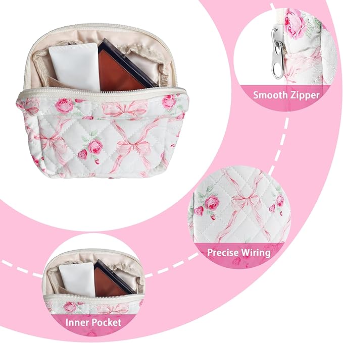 Small Quilted Cotton Makeup Bag for Purse Mini Cosmetic Period Bag for Women Cute Pink Flower Bow Makeup Sanitary Pouch Portable Travel Toiletry Bags with Zipper Christmas Birthday Gifts