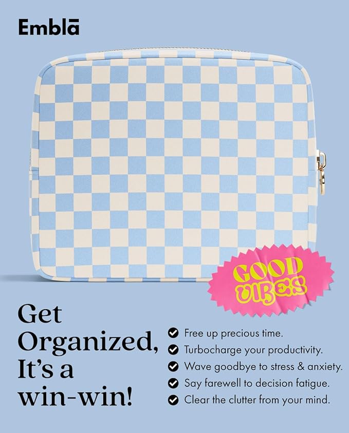 Embla Makeup Bag Travel Cosmetics Pouch and Toiletry Bag, Nylon Zipper Pouch Purse, Cute Make Up Organizer Storage Tote for Women Girls,Travel Skincare Case, Large Makeup Case, Sky Checkered