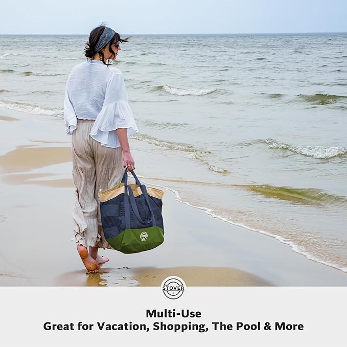 STOVER Large Mesh Beach Bag, Vacation, Pool, Shopping, & Travel Tote - Foldable w/Storage Pockets for Women, Men & Families