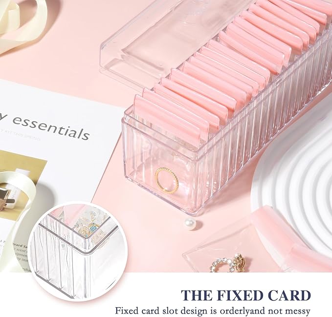 Acrylic Jewelry Box Organizer, Clear Jewelry Organizer Holder with 20 Portable Anti Tarnish Jewelry bags, Travel Jewelry Case for Earrings/Rings/Necklaces for Women Girls, Pink