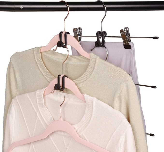 Clothes Hanger Connector Hooks, Outfit Hangers Extender Clips, Cascading Hanger Hooks, Velvet Huggable Hangers Accessory, Heavy Duty Space Saving for Closet 60 Pcs (Blush Pink)