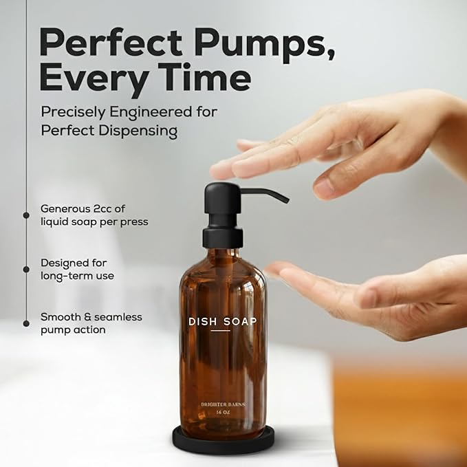 Amber Glass Dish Soap Dispenser for Kitchen Sink by Brighter Barns - Kitchen Soap Dispenser Set with Pump & Tray - Refillable Glass Bottle for Liquid - Modern Home Decor for Airbnb, Restaurant (Amber)