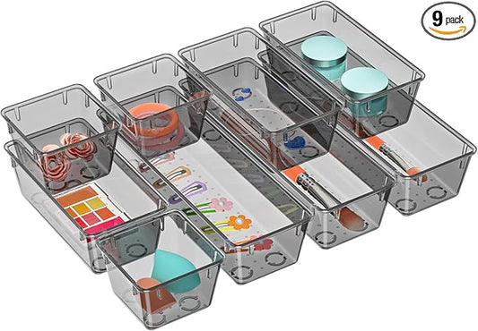 WOWBOX 9 Pack Clear Drawer Organizer Set, Acrylic Drawer Storage Trays, Storage Bins for Makeup, Cosmetics, Jewelries, Utensils, Gadgets, Office, Black