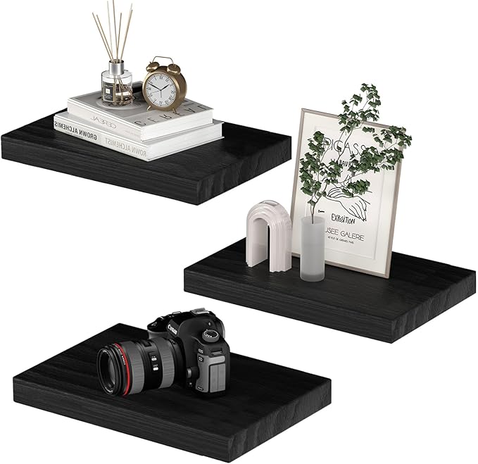 Small Floating Shelves for Wall - 12 x 9 Inch Black Shelves for Bedroom, Living Room, Bathroom, Kitchen, Office Decor Set of 3
