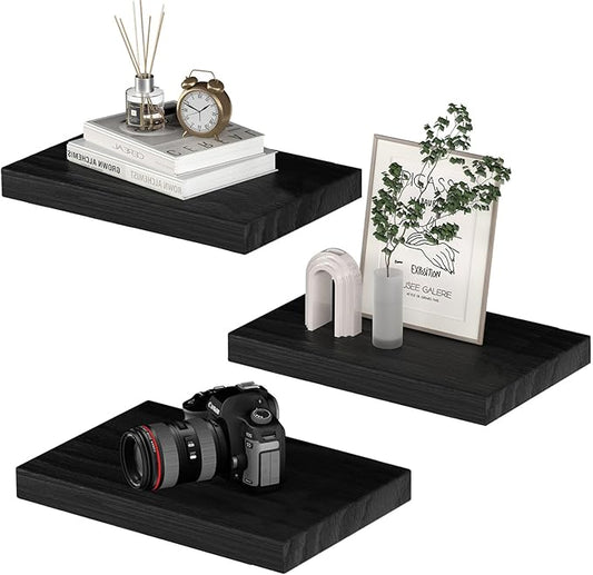 Small Floating Shelves for Wall - 12 x 9 Inch Black Shelves for Bedroom, Living Room, Bathroom, Kitchen, Office Decor Set of 3