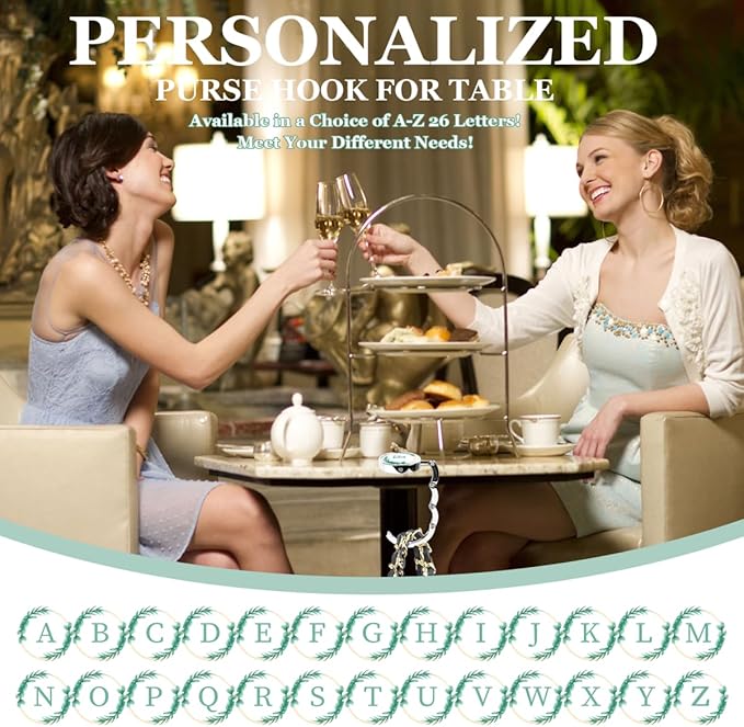 XSUIOY 3Pcs Personalized Initial Foldable Purse Hook for Table,Crushed Flower Letters Folding Purse Hanger,Purse Holder Handbag Hanger Collection Desk Table Bag Hooks Gifts for Women Bag(Green-P)