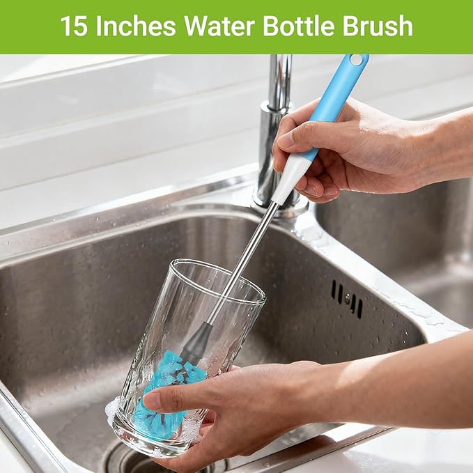 Water Bottle Brush, 15 Inches Bottles Brush, Long Handle Water Bottle Cleaner Brush, Kitchen Cup Brush Built for Cleaning Cup, Wine Glasses, Coffee Mugs, Tumblers, Wine Decanters, Blue