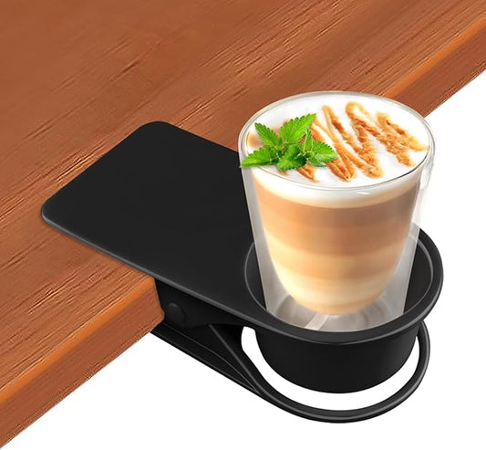 1PCS Drinking Cup Holder, Kalolary Desk Bottle Cup Stand DIY Glass Clamp Storage Saucer Clip Water Coffee Mug Holder Saucer Clip Design for Home & Office, Black