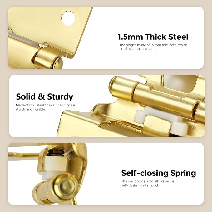 20 Pack 10 Pair Gold Cabinet Hinges - 1/2 inch Overlay Kitchen Cabinet Hinges, Partial Wrap Around Cabinet Door Hinges for Face Frame Cabinet, Self Closing Gold Face Mount Cabinet Hardware