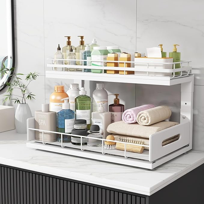 1 Pack 18 IN Depth Under Sink Organizer with Smooth Ball Bearing Slides, 2-Tier Pull Out Cabinet Storage, Slide Out Drawers for Bathroom & Kitchen, Rust-resistant Coating, Height Adjustable-White