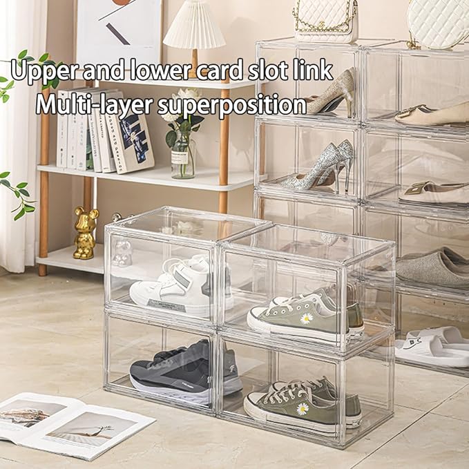 Fully transparent magnetic door shoes storage box for household use multifunctional plastic stackable dustproof shoe box space-saving
