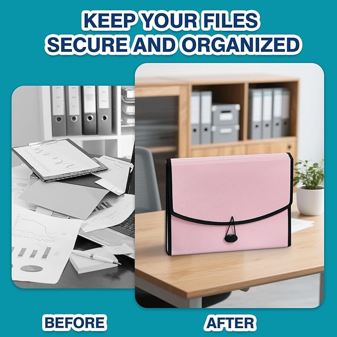 H4D 13-Pocket Accordion File Organizer with Mesh Pocket, Expanding File Folder with Tabs, Expandable Document Organizer for Home Office School, Letter Size, Light Pink