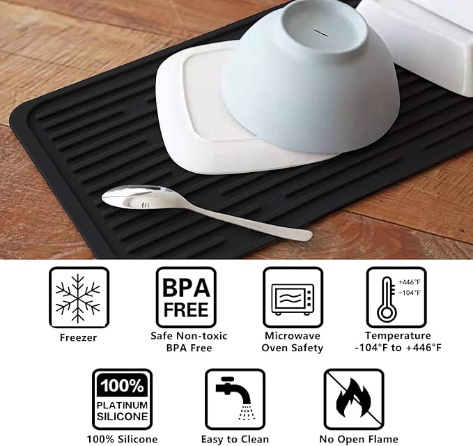 (2 Pack) Black Silicone Dish Drying Mat Silicone Kitchen Countertop Drying Mat for Pots, Pans, Glassware, Silverware