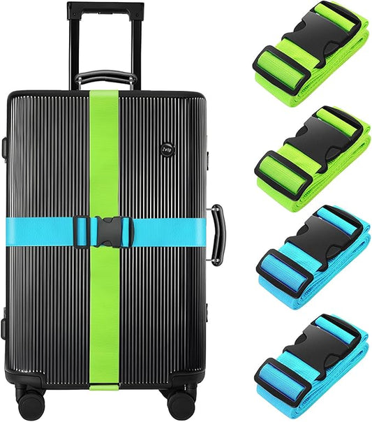 BILIONE 4 Pack Luggage Straps 79" Long Belts Keep Suitcase Secure While Traveling, TSA Approved Add a Bag Premium Accessory for Travel Bag Closure (2PCS Blue + 2PCS Green)