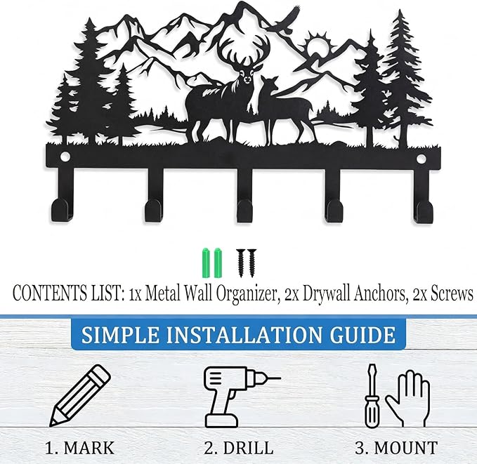 Deer Mountain Metal Key Holder Wall Mount Key Holder for Wall Rustic Cabin Decor Key Rack Hooks Hanger Woodland Wildlife Wall Art Entryway Organizer Housewarming Hunting Gifts