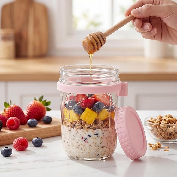 HomArtist 16oz Overnight Oats Containers with Lids and Spoons, 6 Pack Wide Mouth Mason Jars with Airtight Lids, Overnight Oats Jars for Salad, Chia Seed, Cereal, Yogurt