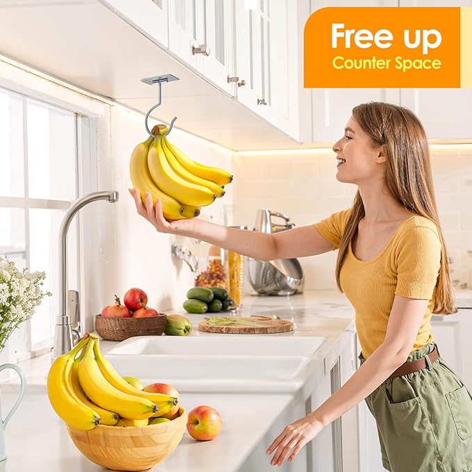 2PCS Self Adhesive Banana Hook Under Cabinet Foldable Banana Hanger Metal Under Counter Banana Hook to Keep Bananas Fresh Banana Holder for Kitchen RV Space Saving, Silver