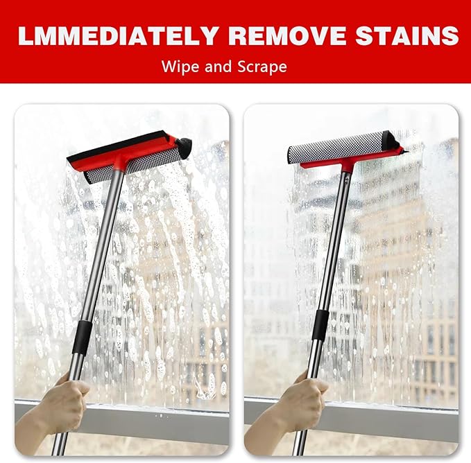 2 in 1 Standard Window Squeegee, Home Window Cleaner with 59" Poles,Washing Squeegee Suit for Glass Door Cleaner, Multi-Use Car Windshield Cleaning Tool with Long Handle for High Outdoor Windows