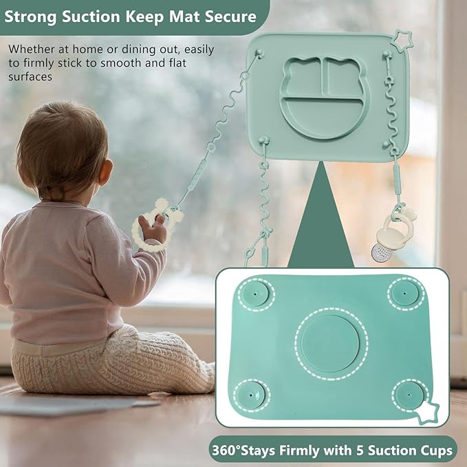 1 Pack Silicone Mat for Babies, Baby Placemat Built-in Suction Base and Equipped 4 Toy Straps & Anti-Peel Design, Activity Mat for Infants to Toddlers, Keeps Babies Essentials Off The Floor, Purple