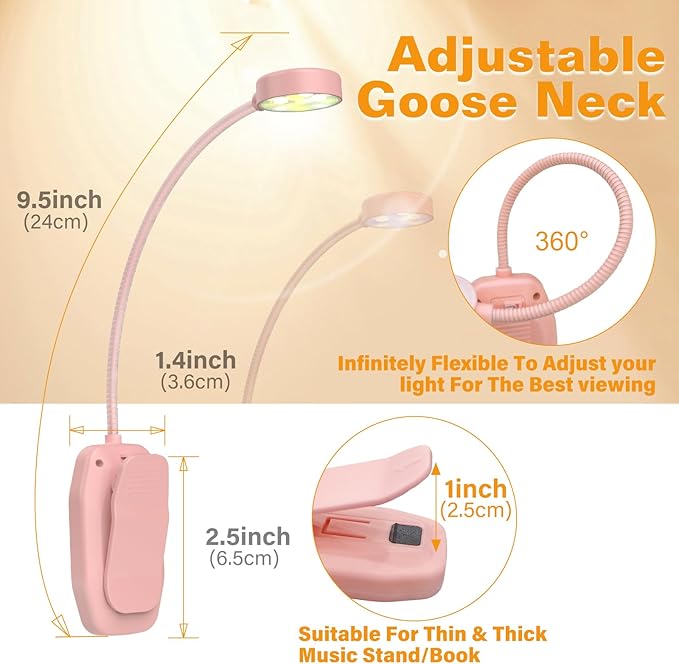 2 Packs Rechargeable Book Reading Light - Adjustable Brightness, 3 Color Temperatures, 30+ Hours Runtime - Eye Care 10 LED Lamp for Reading for Bed,Back to School Gift for Students,Pink & Black