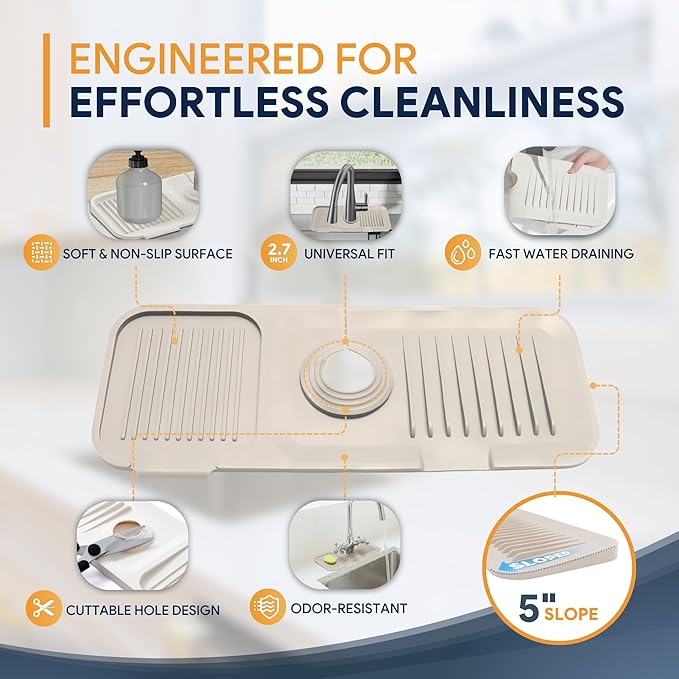 14.6” Silicone Faucet Mat For Kitchen Sink, Kitchen Sink Splash Guard Behind Faucet, Kitchen Faucet Mat For Kitchen Sink, Kitchen Sink Faucet Mat Splash Guard and Sink Water Splash Guard (Beige)