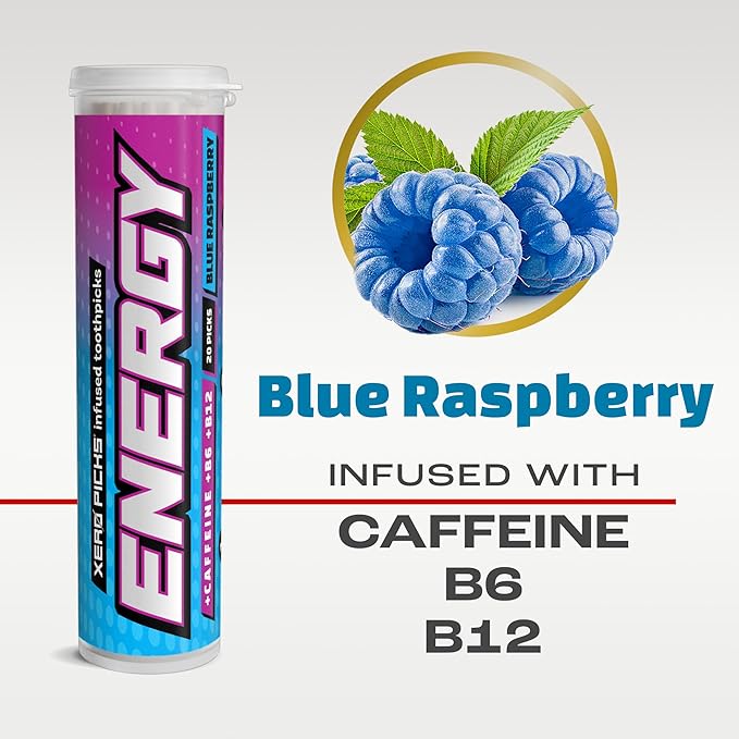 Xero Picks Energy Caffeine Flavored Toothpicks B12 for Focus & B6, 60 Picks (Pack of 3) (Blue Raspberry) Sugar-Free Alternative to Energy Mints & Gum - Kosher