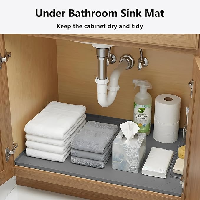 Mateeylife Under Sink Mats for Kitchen Waterproof 34"X22", Undersink Protectors，Silicone Mat Cabinet Liner, Under Sink Organizer for Bathroom and Kitchen，Boot Tray Pet Food Mat, Dark Grey