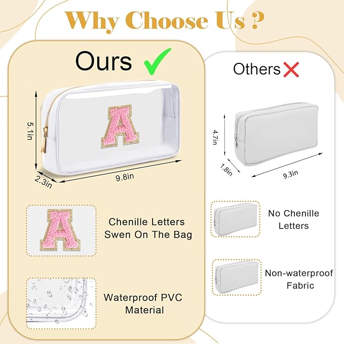 Personalized Initial Letter Clear Makeup Bag,Preppy Small Nylon&PVC Cosmetic Zipper Bag with Chenille Letter,Travel Skincare Toiletry Bag,Monogram Christmas Gift for Teen Girls Women,R