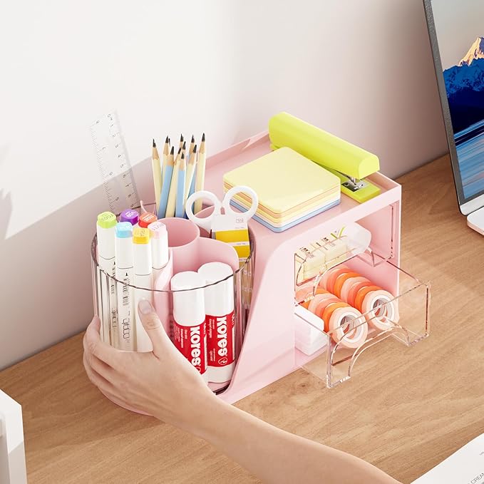 Marbrasse Desk Organizer with 2 Drawer, 360°Rotating Pen Holder, Desk Organizers and Accessories with 6 Slots Pencil Organizer + 2 Drawer, Art Supply Storage Box Caddy for Office (Pink)