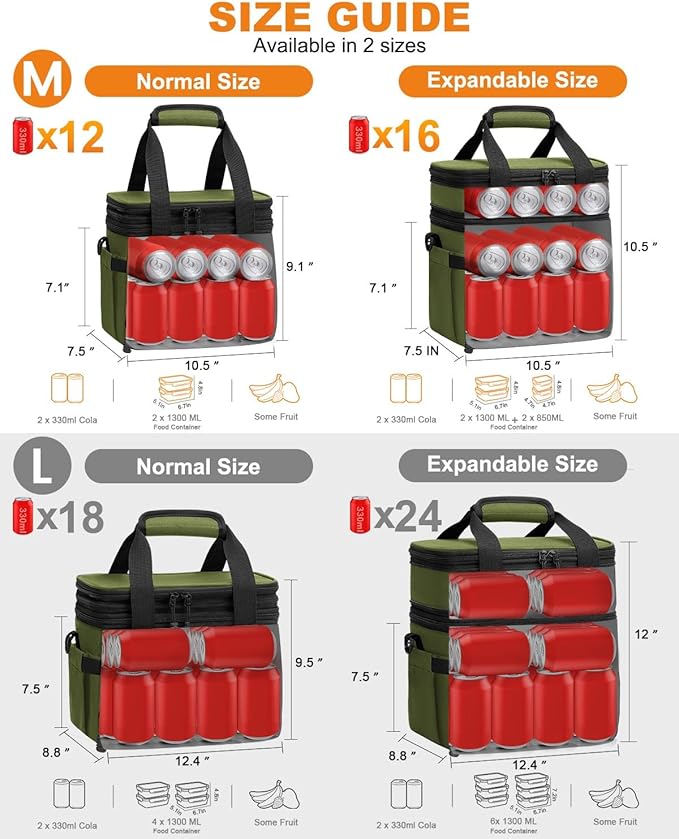 Pritent Lunch Box For Men Women Double Deck Insulated Lunch Bag For Men Woman Leakproof Expandable Cooler Bag with Adjustable Shoulder Strap for Work Shool Picnic(Green,Medium)