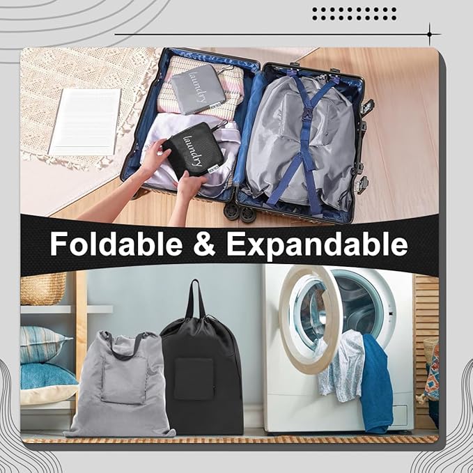 Travel Laundry bags, Dirty Clothes Travel Bag with Handles, Portable Small laundry Sack for Travelling, Suitcase, Gym, Camping (Black&Grey)
