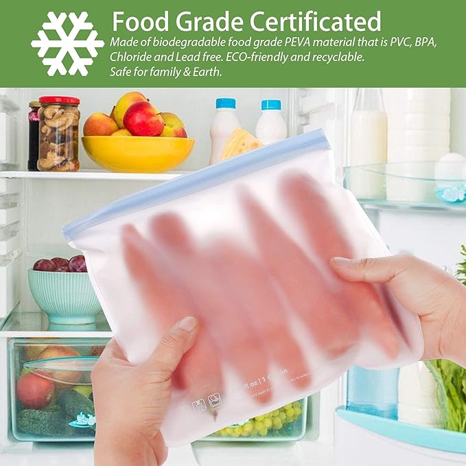 6 Pack Dishwasher Safe Reusable Gallon Freezer Bags Food Storage Bags, Extra Thick Leakproof Silicone & Plastic Free Ziplock Bags for Meal Prep, Fruits, Sandwich, Snack, Travel Items