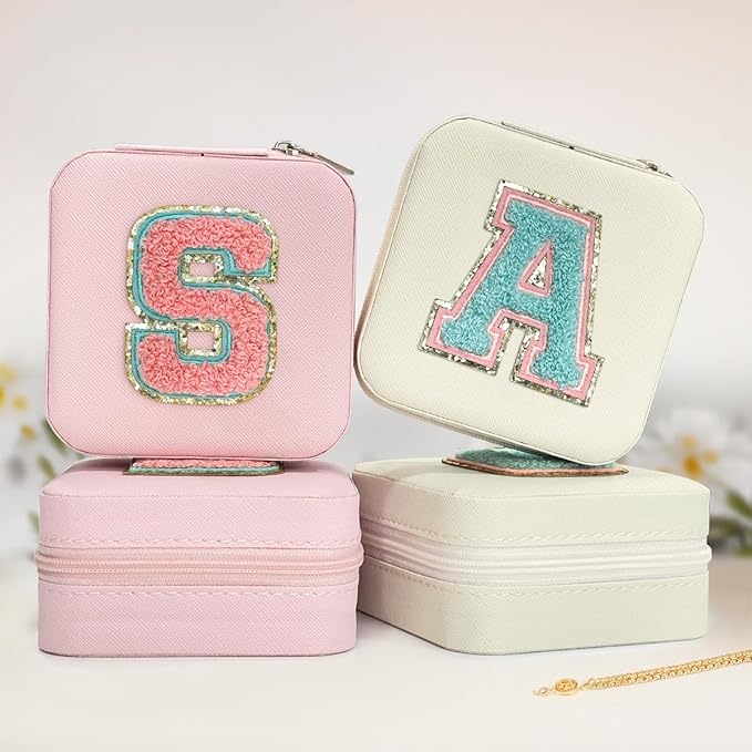 SANDJEST Personalized Jewelry Box, White Travel Jewelry Box with Initial A, Small Monogrammed Jewelry Case Organizer for Girls Women Teen Kids, Mini Travel Essentials Gifts for Birthday Christmas