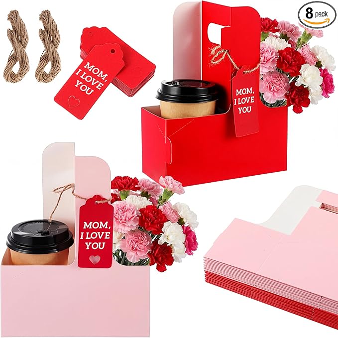 MotiMind 8 Pack Mother's Day 2 Cup Drink Carrier with Handle, Kraft Paperboard Teacher Cup Holder Portable for Hot Cold Drinks, Coffee Carrier Gift with Heart Card Rope (Red,Pink)
