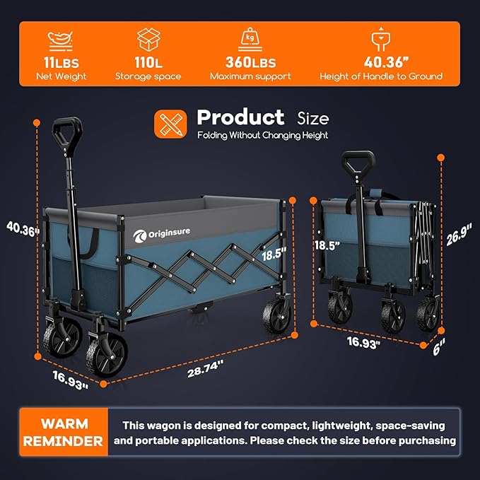 Originsure Collapsible Wagon Cart Foldable - Lightweight Portable Heavy Duty Folding Beach Wagons with Wheels - Outdoor Utility Carts for Grocery, Camping, Shopping with Large Capacity - Grey&Blue
