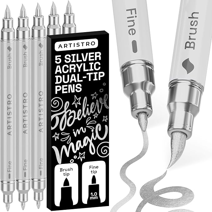 ARTISTRO 5 Silver Acrylic Paint Markers - Paint Pens for Drawing, Brush + Fine Tips - For Fabric, Rock, Glass, Wood, DIY - Art & Craft Supplies for Adults, Teens, Kids - Teacher Appreciation Gift