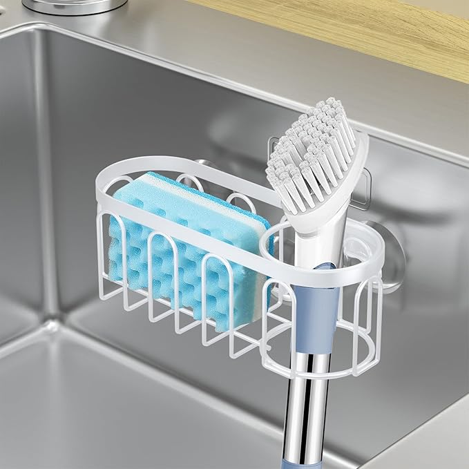 Yazoni 2-in-1 Sponge Holder for Kitchen Sink, Suction Cup Sponge Rack Kitchen Caddy, No Drill Rustproof Sink Organizer Holder for Place Dishwashing Brush Soap (White)