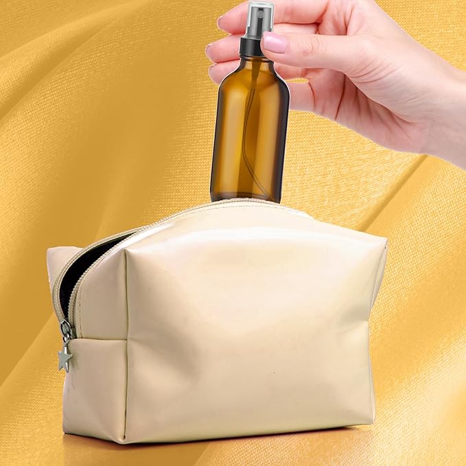 Fumete 2 Pack Glass Bottles 4oz Empty Refillable Liquid Containers with 1 Label 1 Funnel for Essential Oils Hair Travel Plants Cleaning Skin Care(Amber, Black Top,Mist Bottle)