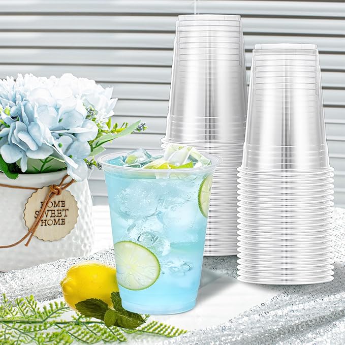 Lamosi 100 Pack 12 oz Clear Plastic Cups, Disposable Cups Wine Cocktail Punch, Sturdy & Food Safe Plastic Cup for Party & Wedding