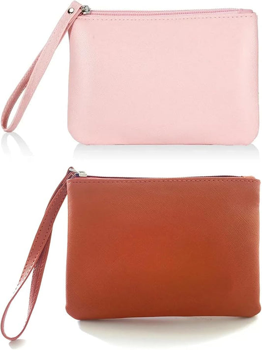 2 Pack Small Zipper Pouch Mini Makeup Bag for Purse Lipstick Cosmetic Travel Make Up Organizer for Women Essentials, Car Change Coin Holder 4.5 x 6.5 Clutch Stadium Approved Wristlet, Pink Brown