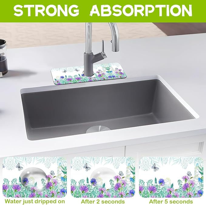 Watercolor Flowers Butterflies Kitchen Sink Splash Guard Faucet Mat Super Absorbent Fast Drying Mat Guard Behind Faucet Drip Catcher for Kitchen Bathroom, 15.5"X5.5"