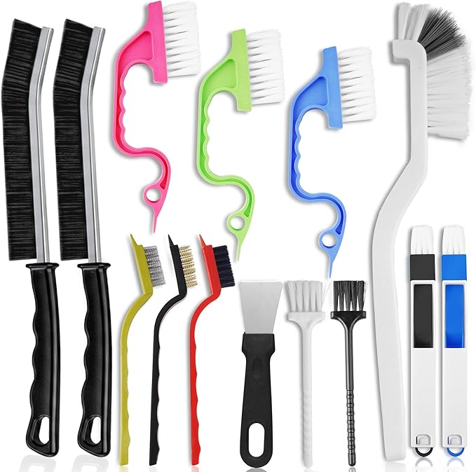 14 Pcs Crevice Cleaning Brush Set – Hard Bristle Cleaning Tools for Grout, Tile Floors, Gaps & Narrow Spaces – Multi-Purpose Grout Scrub Brush for Cleaning Bathroom, Shower, Window Tracks, Kitchen
