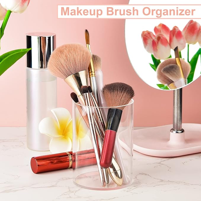 2 Pieces Clear Acrylic Pen Holder Round & Pencil Cup Clear Makeup Bush Holder Acrylic Desktop Stationery Organizer for Office, School, Home, Desk Accessories - 2 Pack, Round