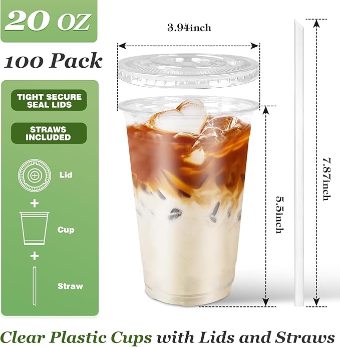 Charmount 100 Sets- 20 oz Clear Plastic Cups with Lids and Straws, Disposable To Go Cups for Cold Drinks, Coffee Bar Accessories, Iced Coffee, Smoothies