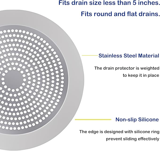 Round Shower Drain Cover Hair Catcher 5.5 inch, Hair Stopper for Bathtub Drain Bathroom Shower Drain Strainer Sink Protector Filter Weighted Stainless and Silicone Shield (5.5 in)