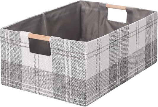 Fabric Storage Bin Box Collapsible Cotton Linen Storage Cube with Wooden Handles Rectangular Decorative Home Organizer Clothes Blanket Basket– Light Gray Plaid, Medium